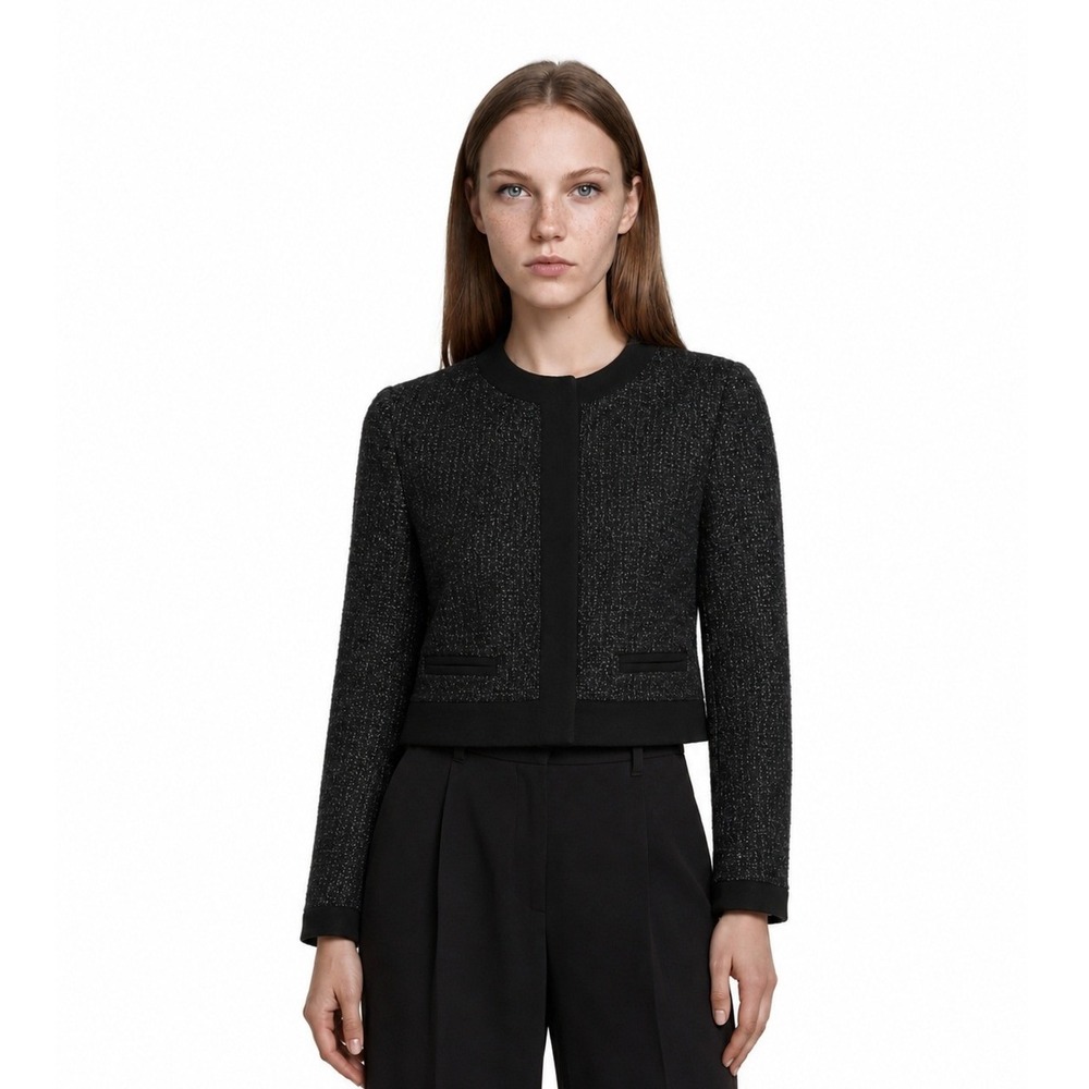 Ann Taylor‎ Tweed Blazer Women's Size 6 Black Metallic Collarless Cropped Jacket